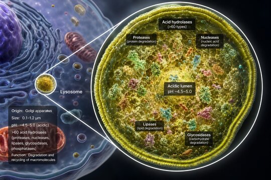 Lysosome revealing internal digestive enzymes, the protective glycocalyx on the inner membrane, and transport proteins involved in autophagy and phagocytosis