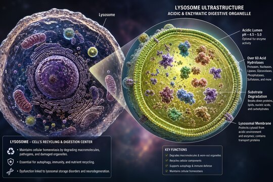 Educational illustration of lysosome ultrastructure featuring the vacuolar atpase proton pump, glycosylated membrane proteins, and the lumenal enzyme content, perfect for cell biology