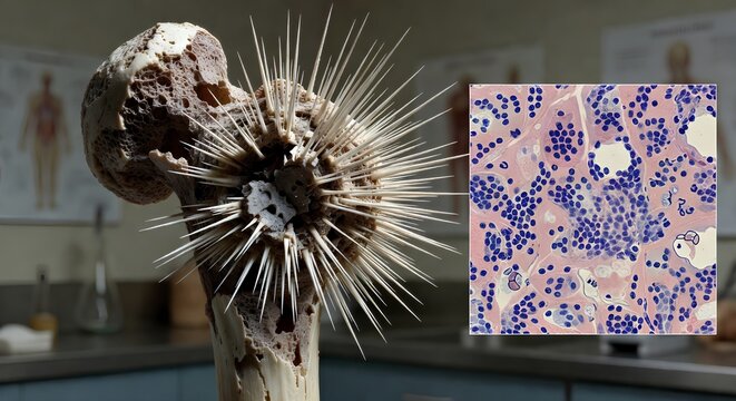 Medical illustration showing a femur or tibia with osteosarcoma bone spurs, plus magnified inset of atypical osteoblast cells, perfect for orthopedic oncology education