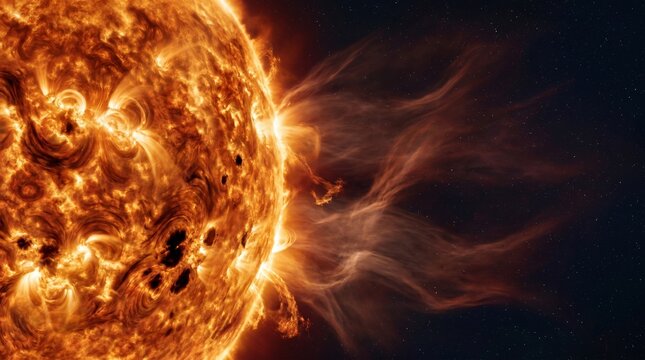 Erupci&oacute;n solar masiva y eyecci&oacute;n de plasma en la superficie del Sol contra el fondo del espacio oscuro, concepto de astronom&iacute;a.