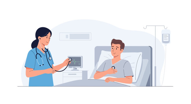 Female Doctor Checking Patient's Heartbeat with Stethoscope in Hospital Room