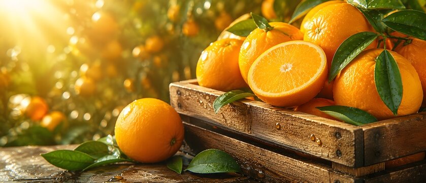 Panen Buah Jeruk Manis Organik dalam Peti Kayu Tradisional dengan Latar Belakang Kebun Tropis dan Sinar Matahari Pagi
