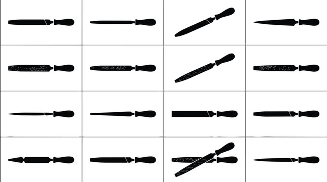 Collection of black silhouettes representing various metal files and rasps with handles.