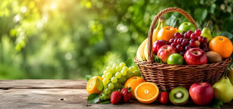 Aneka Buah Tropis Segar dalam Keranjang Tradisional dengan Latar Belakang Alam Hijau Menyegarkan