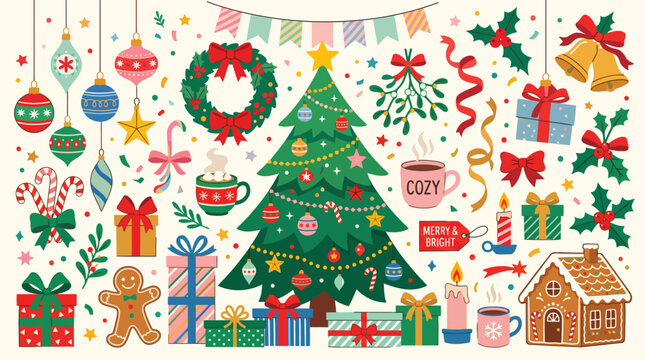 Festive Christmas scene featuring a central decorated tree surrounded by gifts, wreaths, gingerbread cookies, candy canes, and gingerbread houses in a colorful holiday setting.