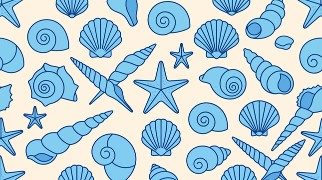 Vibrant blue seashells and starfish seamless pattern for coastal ocean themed backgrounds, wallpaper, fabric, and decor