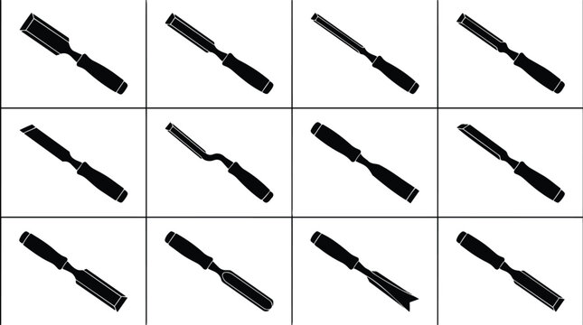 Black Silhouettes of Professional Wood Carving Chisels and Gouges Set.