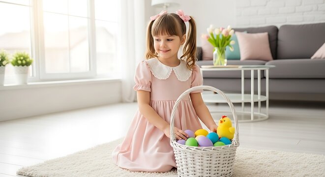 Young girl with easter basket colorful eggs and chick indoor setting