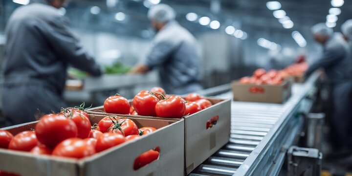 Red tomatoes in boxes moving on an industrial conveyor belt with factory workers in blurred background, concept for food supply chain, agricultural logistics and mass production manufacturing