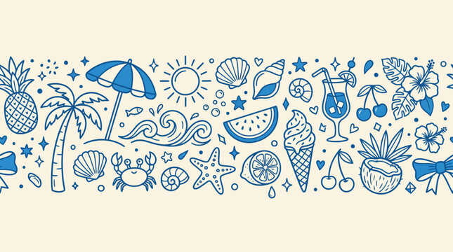 Blue hand-drawn tropical sea life pattern featuring shells, starfish, fish, palm trees and umbrellas for decorative borders and wallpaper