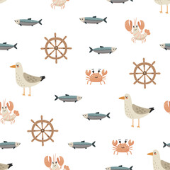Seamless pattern with icons of a seagull, crab, lobster, fish, and a ship's wheel. Nautical-themed textile design for a child's room and wallpaper. Flat vector illustration. © Lana