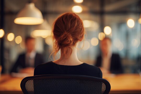 Back view of a professional female job candidate sitting in a meeting room with blurred interviewers, concept for career recruitment, human resources hiring and job interview preparation