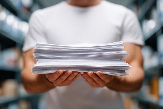 Archive manager in white tshirt holding thick stack of white paper documents in blurred office warehouse background, concept for document management, bureaucratic workload and corporate archiving