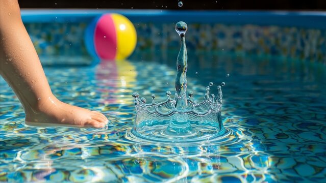 Summer - Water Drop Crown Splash in Blue Kiddie Pool with Beach Ball and Child Leg in Background