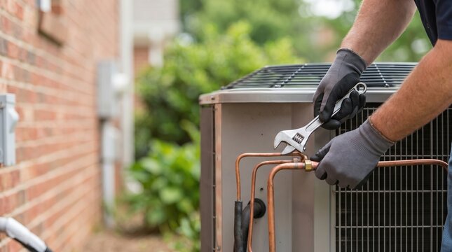 Professional HVAC Technician Repairing Outdoor Residential Air Conditioning Unit with Wrench
