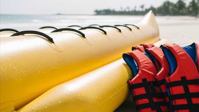 Water Sports - Yellow Banana Boat with Black Handles and Red Blue Life Jackets on Tropical Beach Shore