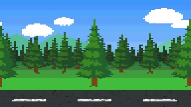 ピクセルアート風の背景アニメーション(林と道路)