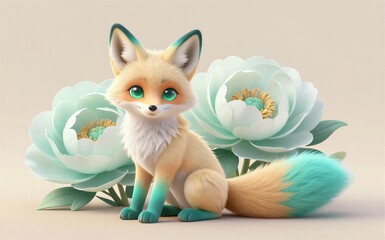 Fototapeta premium Adorable fox with turquoise accents sits beside large soft flowers.