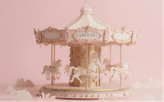 Pink carousel with white horses and gold accents against a soft pink