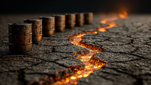 Rusty Oil Barrels in a Cracked Desert Landscape with Lava Flow