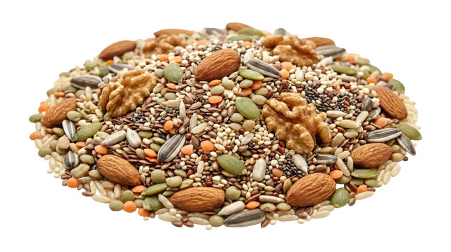 Isolated pile of mixed nuts, seeds, and grains including almonds, pumpkin seeds, and quinoa on transparent background. Ready for clipart, print-on-demand, sublimation, and design projects.