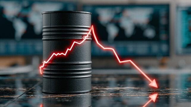 Oil Price Drop: A barrel of crude oil sits with a downward trending red line graph superimposed, symbolizing a significant decline in oil prices and market instability.