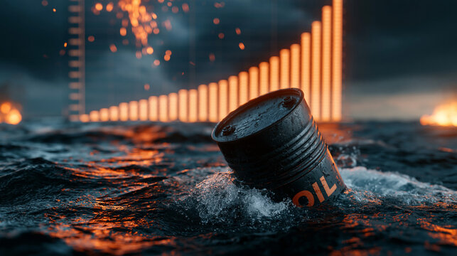 Crude Oil Price Surge: A lone barrel of oil bobs in rough seas, with a dramatic upward trending stock chart in the background, signifying rising energy prices and market volatility.
