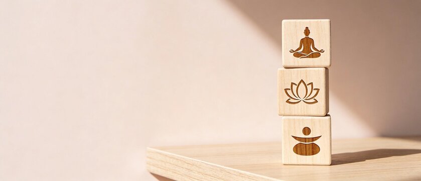A serene product photography scene with stacked wooden cubes featuring meditation symbols on a table indoors.