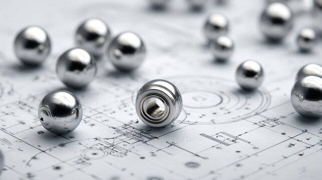 Metallic precision spheres scattered over detailed architectural blueprints symbolizing engineering, design innovation, and technical planning concept for constructi