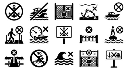 Maritime safety icons set, 15 black nautical warning symbols and prohibited signs, marine navigation restriction vector icons for harbor and coastal security © Asset Aura