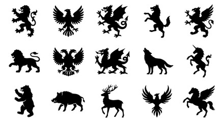 Heraldic animal silhouettes set, 15 medieval crest icons including lion, eagle, dragon and wolf, vintage coat of arms vector elements for logo design © Asset Aura