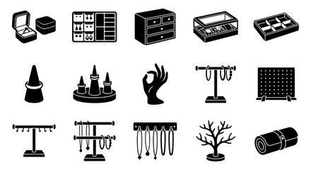 Jewelry display and storage icon set, 15 black solid vector symbols for retail organization, earring stands and necklace holder collection © Asset Aura