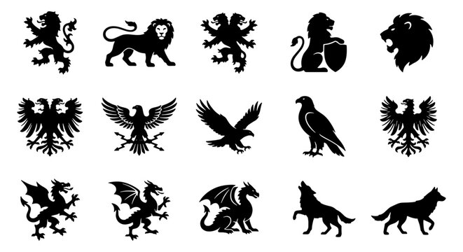 Heraldic animal silhouettes set, medieval coat of arms symbols with lions eagles and dragons, 15 black vector icons for crest design and branding