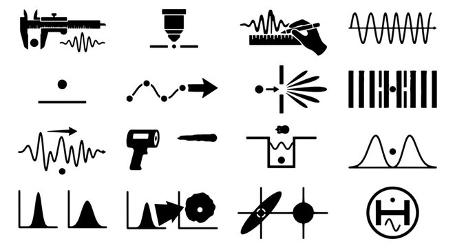 Quantum physics and laboratory measurement icons, 16 black vector symbols for scientific research, wave particle duality and optics diagrams