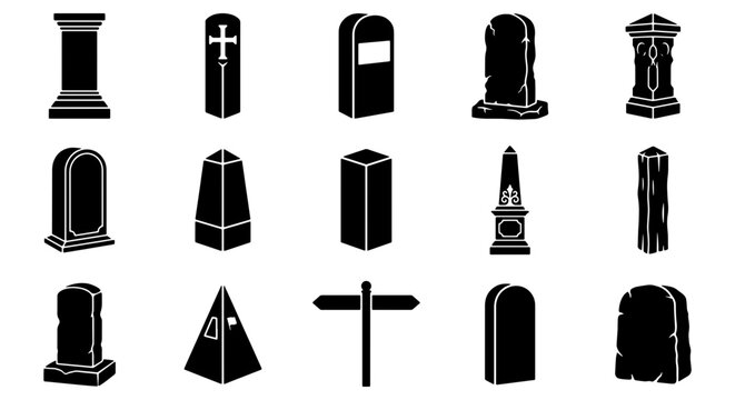 Gravestone and tombstone icon set, 15 black silhouette cemetery monuments and memorial headstones, funeral burial symbols for spooky halloween design