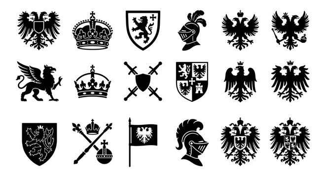 Medieval heraldry black silhouettes set, 18 royal coat of arms icons, vintage knight armor and eagle crest vector elements for logo design