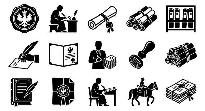 Vintage archive and historical document icons, 15 black vector silhouettes of scribes and manuscripts, antique notary and legal heritage symbols