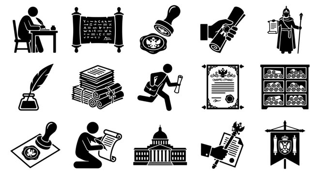 Historical government and legal document icons, set of 15 black vector pictograms, ancient bureaucracy and legislative symbols for education and history