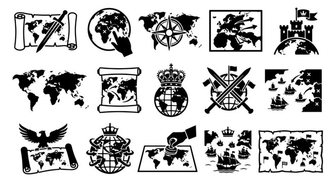 Vintage world map icons set, 15 black silhouette historical cartography elements, medieval exploration and conquest symbols, antique globe and scroll vector
