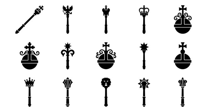 Royal scepter and globus cruciger icons set, 15 black silhouette monarch symbols, medieval regalia and sovereign authority elements for heraldry design