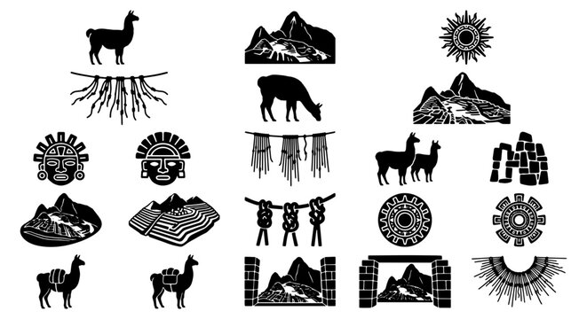 Peruvian Inca culture icons set, black and white llama and alpaca silhouettes, Andean mountain landscape and tribal sun symbols, 20 vector elements