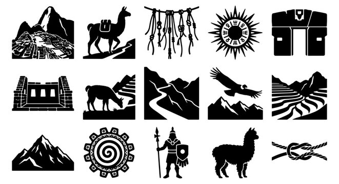 Inca civilization culture icons set, 15 black and white vector elements, ancient Peruvian symbols and landmarks, Andean mountain landscape and llama silhouettes
