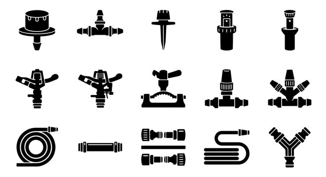 Garden irrigation system icons, 15 black silhouette sprinkler and hose vector elements, lawn watering equipment set for landscaping and agriculture