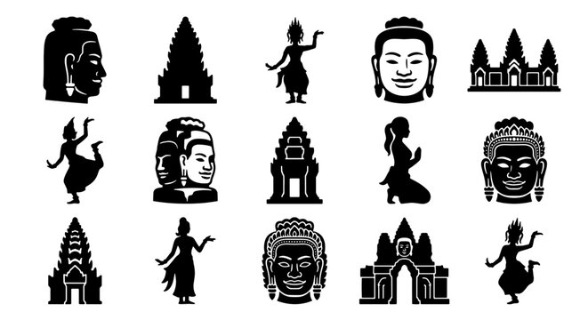 Cambodian culture icon set, 15 black vector silhouettes of Khmer temples and Apsara dancers, traditional Southeast Asian landmarks and Buddha faces