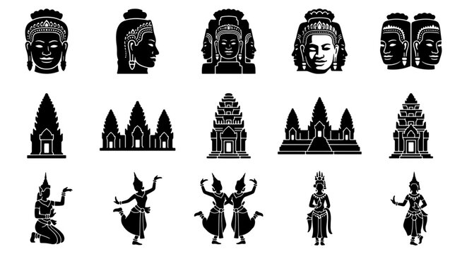 Cambodian cultural icons set, 15 black silhouette vector elements, traditional Khmer temple architecture and Apsara dancer figures, ancient stone faces