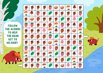 Forest animal maze, seek and find logical game. Attention skills puzzle, printable activity with woodland landscape. Logical searching puzzle. Follow acorns to help boar get to his baby