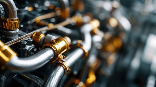 Detailed metallic engine components connected by golden fittings creating a complex industrial mechanical system in a close-up perspective with shallow depth of fiel