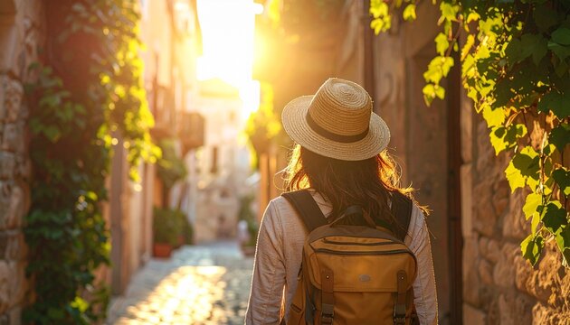 日差し輝くヨーロッパの路地を歩く麦わら帽子の女性バックパッカー