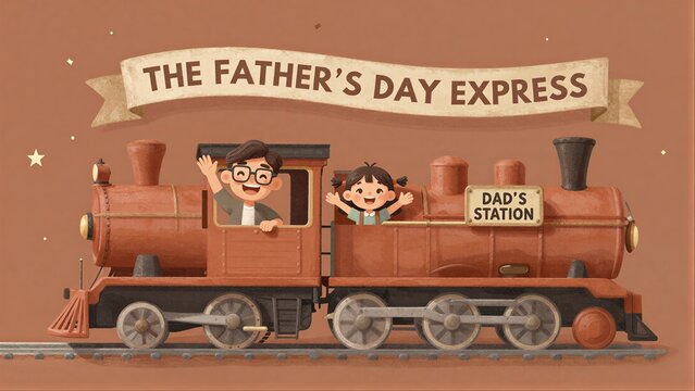 Father's Day train with joyful dad and child celebrating Dads Station.