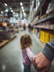 Fototapeta premium Parent holding child's hand while walking through a large busy warehouse-style store aisle filled with shelves stocked with various merchandise and supplies